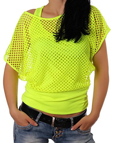 Crazy Age Frauen Partytop Sommertop Fasching Fest Netzoberteil aktueller Trend in Neonfarben- Einheitsgröße, Neongelb