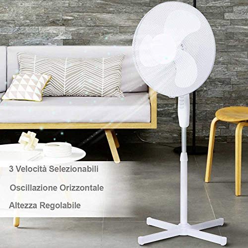Bakaji Ventilatore Da Terra a Piantana Con 3 Velocita' 3 Pale 40 cm Ventilatore Silenzioso Oscillante Altezza Regolabile 130 cm base a croce (Bianco)