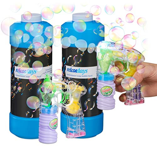 Relaxdays XL Seifenblasen Set, Seifenblasen-Pistole mit LED-Licht, Seifenblasenflüssigkeit Nachfüllflasche 2 Liter