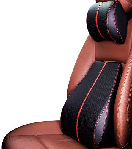 Ergocar Memory-Schaum Nackenkissen & Lendenkissen PU-Leder Rückenstützkissen Zur Rückenentlastung für Zuhause Büro Auto und Reise (Schwarz-Rot, Nackenkissen+Lendenkissen)