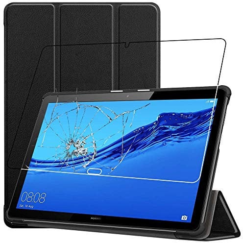 ebestStar - Cover per Huawei MediaPad T5 10.1, Custodia Protezione Flip Magnetica, Slim Case Sottile Pelle PU, Nero + Vetro Temperato