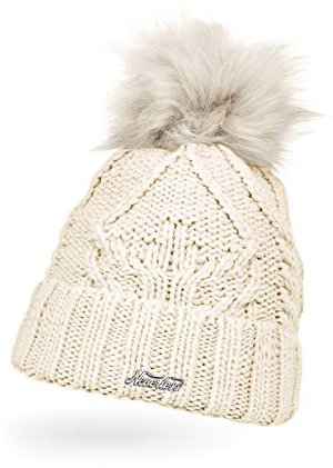 Neverless® Damen Strick-Mütze gefüttert Umschlag Fleecefutter Fell-Bommel Kunstfell Winter-Mütze Zopfstrick Bommelmütze Creme Unisize