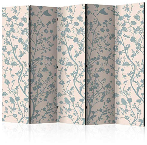 decomonkey Paravent Raumteiler Innen Pflanzen 225x172 cm 5 Teilig Beidseitig Room Divider Wall Raumteiler Stehend Trennwand Sichtschutz Spanische Wand Sichtschutzwand Wohnzimmer Holz Blumen Vogel