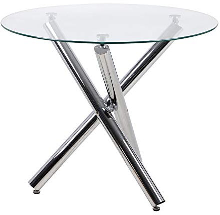 JEFFORDOUTLET Round Dining Table, 90 cm Glass Safe Table Top with Chrome Stylish Stable Table Legs,Kitchen Table