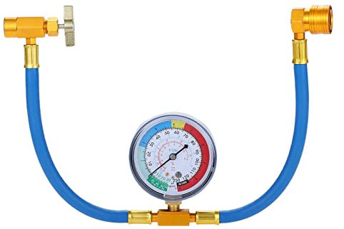 Surieen R134A Car AC Refrigerant Charge Hose Kit with Gauge, A/C 1/2 Inch Acme Thread Car Air Conditioning Refrigerant Recharge Measuring Hose Gauge Kit, Blue Aluminium & Brass