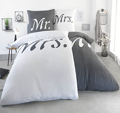Kuscheli® 4-teilig Partner Bettwäsche 135x200 mit 80x80 Kissenbezug | ÖkoTex Zertifiziert | seidig weich, Mikrofaser Bettwäsche für Paare, Farbe:MR-MRS grau-Weiss, Größe:135x200 + 80x80