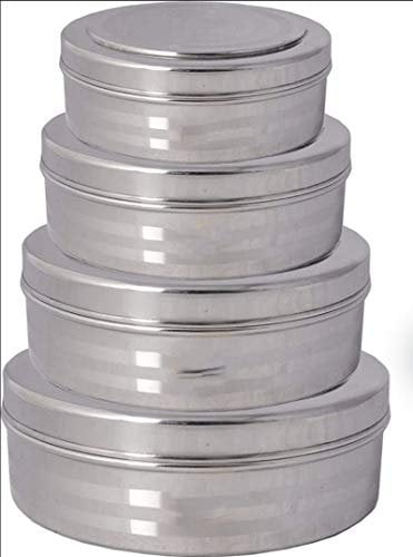 CRAFTING WITH LOVE A HANDMADE Stainless Steel Tiffin/Box/Dibba/Casserole Food Organiser, Puddy Dibba | Container Set of 4 Pieces - (Silver Touch Design, 1350/1950/2600/3100 ML)