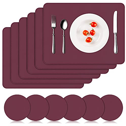 APLKER Tischset Leder 6er Set - Kunstleder Platzset Abwaschbar, Hitzebeständig Doppelseitigen Wasserdicht Platzdeckchen Lederoptik mit Tischuntersetzer rutschfest, 41 x 31 cm, Bordeaux