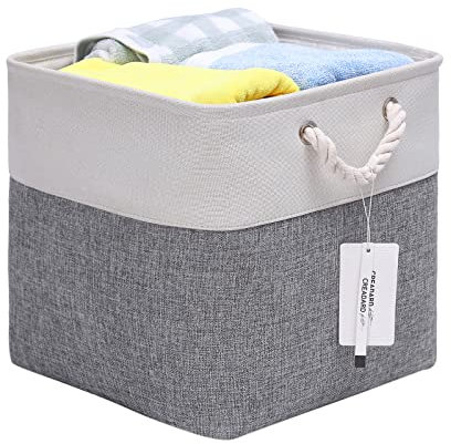 CREADARD Fabric Cube Storage Box, 13x13x13 inch Foldable Linen Cube Storage Basket for Nursery and Home, Collapsible Canvas Shelf Basket for Wardrobe or Bedroom, Grey and White
