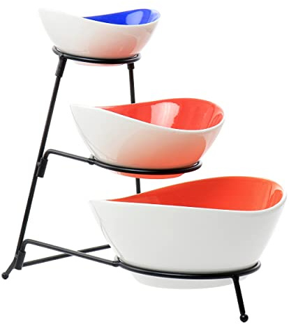 Unknown1 4 Piece Hand Painted Stoneware 3-Tier Serving Bowl Set with Metal Rack Multi Color Solid Dishwasher Safe