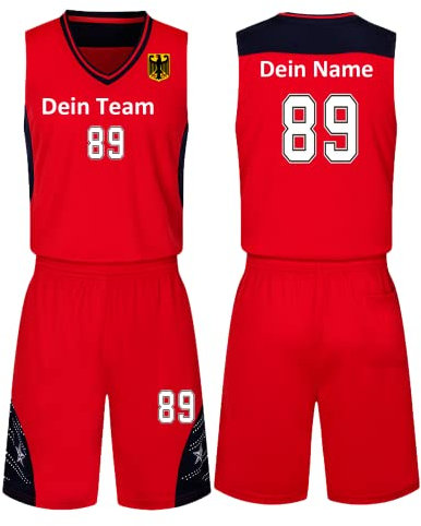 HDSD Benutzerdefiniert Trikot Kinder Erwachsene Basketball Jersey & Shorts 2 Teiliges Set Name Nummer Team Logo Personifizieren Basketball Trikots (rot)