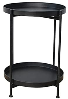 Kaffeetisch 2 Stufe Runde Beistelltisch Couchtisch Metall Sofa Couchtisch, Kleine Klapptisch Wohnzimmer Büro Blumenständer, Schwarz Beistelltisch