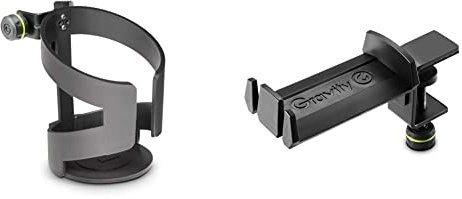 Gravity GMADRINKL%22MA Drink L%22 großer Getränkehalter für Mikrofonstative Schwarz & GHPHTC01B Kopfhörerhalter für Tischmontage schwarz