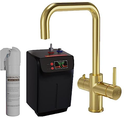 SÄUBER® Elise Instant Boiling Water Mixer Tap for Kitchens, 3-in-1 Cold, Hot & Filtered 2.4 Litre Compact Tank with Filter Boiler, Brushed Brass