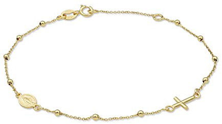 MIORE Rosary bracelet 9 carat 375 yellow gold religion gold cross bracelet anchor chain with balls and cross and Mother Mary charms 18 cm spring ring lock closure