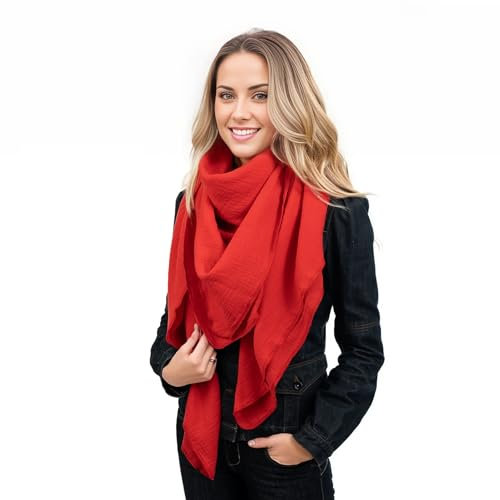 Scandi Linen Musselin Tuch Damen - Musselintuch, Musselin Schal, Halstuch Damen - Dreieckig leicht (einlagig), Rot