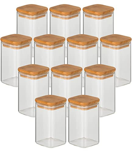 gouveo 12er Set Vorratsgläser 250 ml aus Borosilikatglas eckig mit Deckel - Aufbewahrungsgläser für Küche und Haushalt - Robuste Glasbehälter, Gewürzgläser, Vorratsdose (BGE250B)