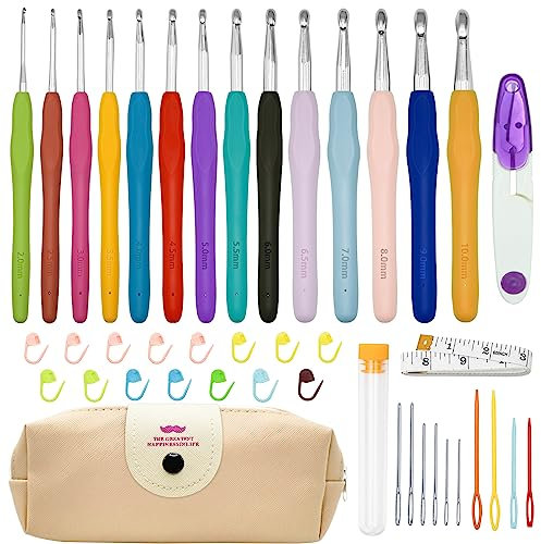 Gigmeta 14 Häkelhaken Set, Häkelsets für erwachsene Anfänger, Häkelset zum Stricken mit ergonomischen Gummigriffen Etui und Tragbaren Tasche, Schwesterngeschenk