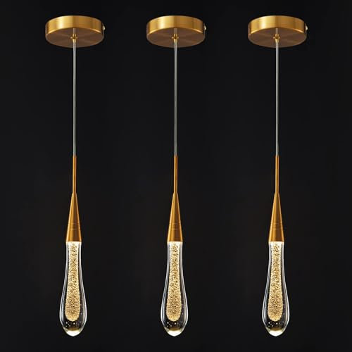 ZenithBeam Küchenleuchten, Deckenleuchte, dimmbar, moderne goldene LED-Pendelleuchte, Mini-Tropfen-Kristall-Pendelleuchte für Kücheninsel, Schlafzimmer, Flur, Eingangsbereich (3er-Pack)