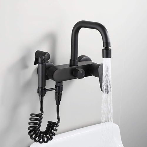 JQFDD Miscelatore da Cucina a Muro, a Parete, con Doccetta Girevole, Lavello della Cucina a 2 modalità 2 Maniglie Caldo e Freddo, Lavatoio Lavanderia Rubinetto in Ottone-Chrome a