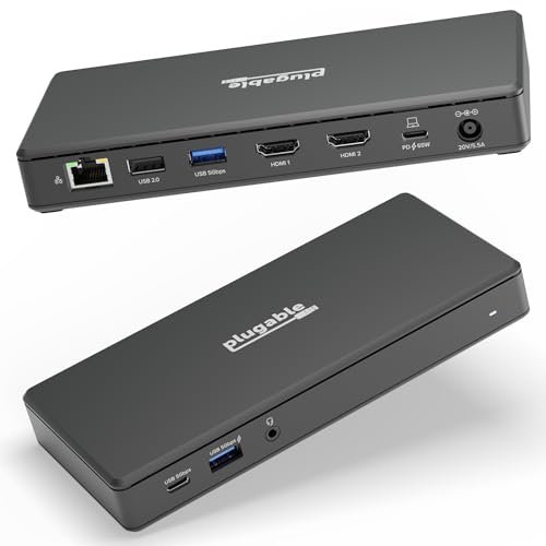Plugable USB C Docking Station Dual Monitor 2 HDMI Ports, Power Delivery Dock, Dual 4K Monitor for Windows, ChromeOS, 1x USB-C, 3x USB, Ethernet, and Audio - Driverless (UD-MSTH2)
