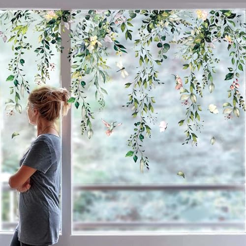 Whaline 9 Sheets Spring Summer Flower Window Cling Watercolor Eucalyptus Flower Window Stickers Hanging Vine Floral Leaf Reusable Static Glass Decals for Wedding Party Home Decor Supplies