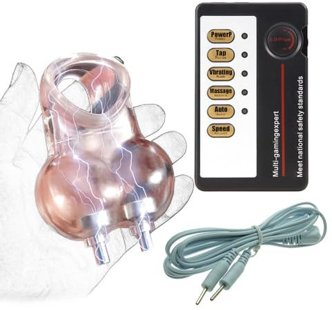 Jpscor Elektro Dual-Ausgang Elektro Hodensack Ball Stretcher Penis Bondage Penishülle mit Hodenring Elektrische Stimulation Penis Ring Cockring Keuschheitskäfig für Männer Masturbation(Transparent)