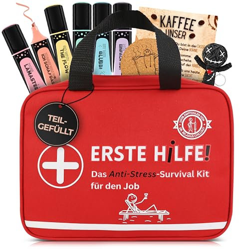 GLÜCKSGUT® ERSTE HILFE Tasche für den Job | Teilgefüllt | Lustiges Geschenk zum Befüllen | Textmarker + Voodoo Puppe + Kafeepausen-Set | Kollegen, neuer Job, Abschied, Büro