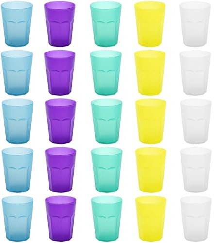 Engelland - 25 x Plastikbecher, Trinkbecher, bunte Mischung, Frostoptik, 400 ml, Eichstrich, bruchfest, stapelbar, Mehrweg, Kunststoff, wiederverwendbar, Party-Becher, Trink-Glas