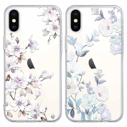 Foonary 2 Pack Clear Print Phone Case Compatible with iPhone X/XS 5.8, Slim Soft Silicone with Flower Design Aesthetics Transparent Pattern Cases, Shockproof Bumper Protector Cover