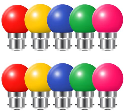 HUAMu 10 Pack B22 Bayonet Coloured LED Light Bulbs, 2W G45 Golf Ball Mini Globe Bulb,Red Yellow Blue Green Pink for Outdoor Indoor String, Christmas, Tree, Fairy Party Night Lights