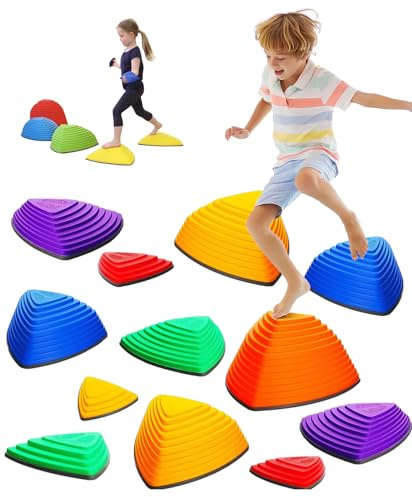 Giggle & Play Stepping Stones For Kids, Set Of 12 Montessori Indoor & Outdoor Sports Balance Stepping Stones, Promotes Coordination, Balance Strength, Child Safe Rubber, Vibrant Colors, Non-Slip Edges