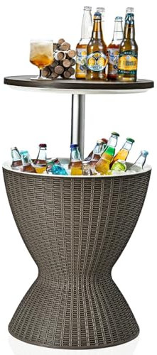 30L Patio Ice Cooler Table with Extendable Pop-Up Lid – Rattan-Style Outdoor Side Table & Beverage Cooler with Drainage Plug – Ideal for Garden Parties, BBQs, Camping & Poolside Entertaining (Brown)