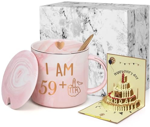 Joymaking 60. Geburtstag Geschenke für Frauen Kaffee Tasse Lustige Geburtstagsgeschenke 59+1 Sechzig Jahre Alt Geburtstag Tasse mit Grußkarte, 320ml Rosa