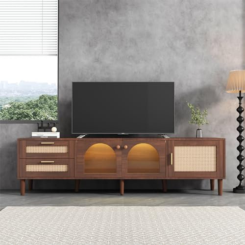 Merax Rattan TV Stand for 80-inch TV, TV Cabinet with 3 Doors and 2 Drawers, TV Storage Cabinet with LED Lights Spacious Perfect for Living Room, Brown