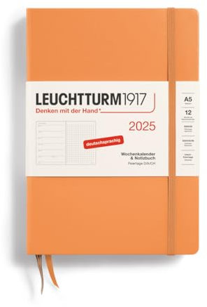 LEUCHTTURM1917 370538 Wochenkalender & Notizbuch Dotted Medium (A5) 2025, Apricot, Deutsch