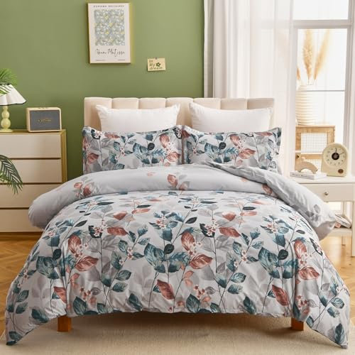 DJY Floral Duvet Cover King Light Blue Bedding Set, Reversible Lightweight Leaves Bedding Sets 3PCS with Zipper Closure (King, 220x230cm)