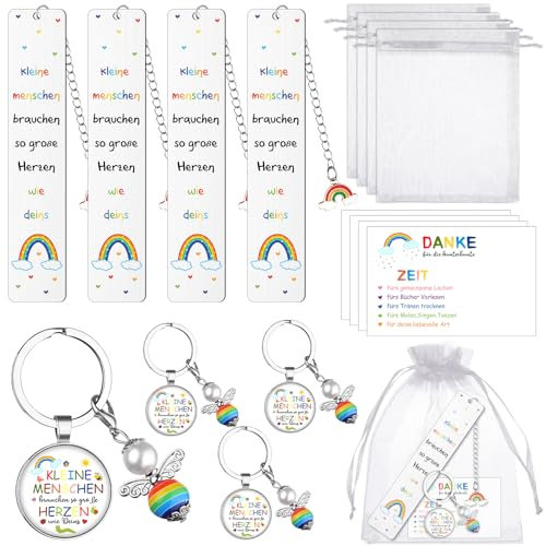 4 Sets Erzieherin Abschied Geschenke- Kleine Menschen Brauchen So Große Herzen Wie Deins-Schlüsselanhänger Perlenengel Metal Lesezeichen Dankeschön Geschenk für Lehrer Tagesmutter Kita Kindergarten