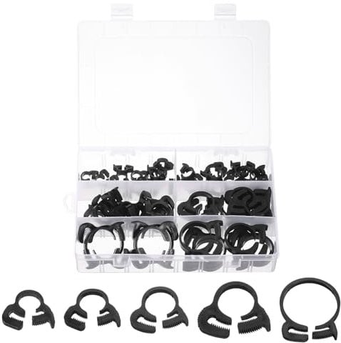 sourcing map 1 Set 56 Pcs Plastic Adjustable Double Snap Grip Hose Clamps(6.1-6.6mm, 8.1-8.6mm, 12.3-14mm, 16.3-18.1mm, 24.5-26.1mm), Black