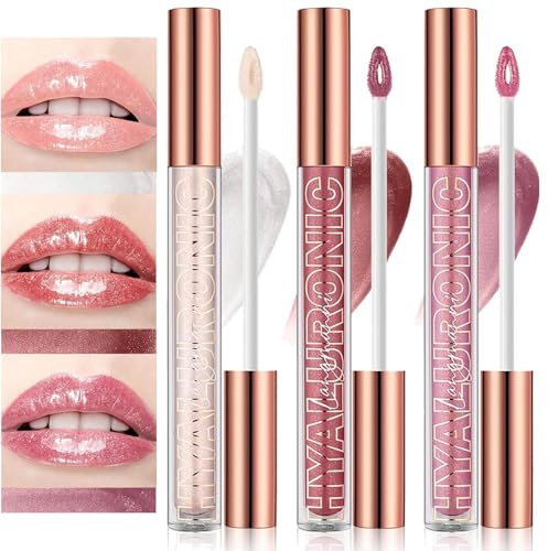 3Pcs Hyaluronic Acid Lip Gloss Set, Shiny Smooth Soft Liquid Lip Glosses Lip Stain Non-Sticky Smooth Texture And Long Lasting Lip moisturizing, Brightening
