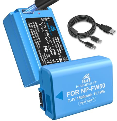 Homesuit NP-FW50 Akku 1500mAh und 2-in-1 USB-C Ladekabel für Sony A6500 A6400 A6300 A6000 A5000 A5100 zv-e10 A7 A7II A7R A7RII A7SII A7S A7R A7R2 A55 RX10 RX10II NEX-3/5/7 Kamera(2er-Pack)