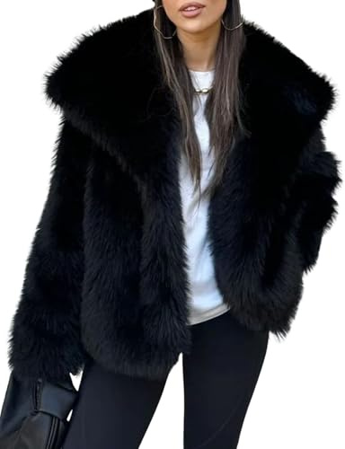 Yimoon Women's Cropped Faux Fur Jacket Lapel Open Front Shaggy Furry Coat 2024 Winter Warm Fluffy Overcoat(Black-L)