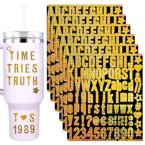 Stanley Cups Vinyl Letter & Number Stickers - 6 Sheets, Glitter, Waterproof, Small, Gold