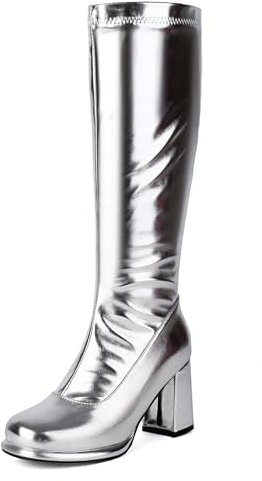 Diuniarza Donna Square Toe Knee High Moda Stivali Tacco a Blocco Moda Stivali Alti Donna Stivali Alti Festa Argento Numero 34 EU