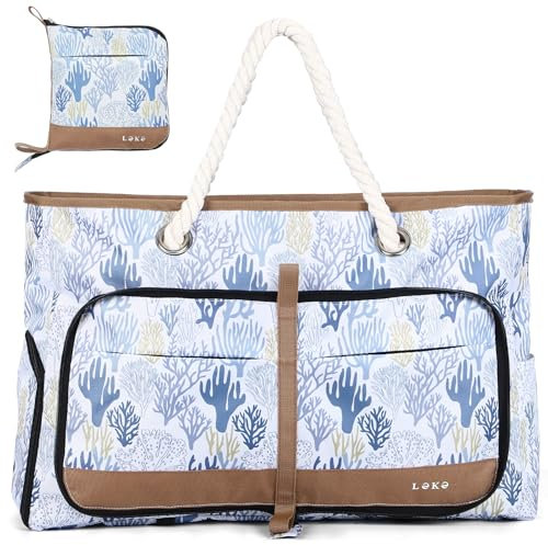 Lekespring Strandtasche Damen Groß mit Reißverschluss, Vielseitiger Damen Shopper Badetasche Saunatasche Reisetasche Tote Bag für Strand Reisen Einkaufen Sport u.Arbeit (Koralle drucken)