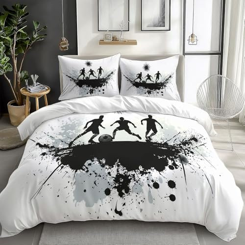 Quixora Set Copripiumino Bianco Letto Singolo Biancheria da Letto – Motivo Giocatori A Tema Calcio Parure Letto, 150 x 220 cm con 2 Federa 50x75 cm