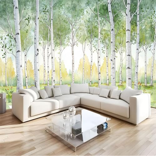 Aquarell 3D Fototapete 450X315Cm (B×H), Wald Birken Tapete Modern Seidentuch Hintergrundbild Wandbilder, Riesiges Bild Wohnzimmer Schlafzimmer Kinderzimmer Dekoration