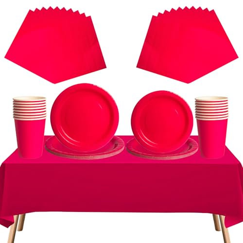Service de table jetable 69 pièces - 20 serviettes, 16 tasses, 16 assiettes de 17,8 cm et 22,9 cm, 1 nappe rose rouge | Vaisselle biodégradable pour anniversaires, mariages, fêtes de Noël d'enfants et