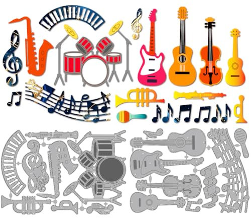 MAYJOYDIY Gitarre Klavier Metall Stanzformen Trommel Violine Noten Stanzformen Schablone Musikinstrumente Prägung Scrapbooking Schnitte Vorlage Für DIY Scrapbooking Karte Machen Album Geschenk Dekor