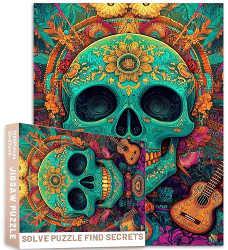 Musik-Totenkopf-Puzzle, Türkis, Gold, psychedelische Muster, Gitarren, Trommeln, Dia de Muertos, Kunst, 68 x 50 cm, bunt, DIY-Puzzles für Heimdekoration, Geschenke, Familienpuzzle, perfekt für